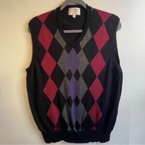 Vintage Gleneagle Wool Sweater Vest Lightweight Argyle Black Red Gray Medium